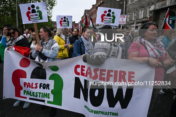 DUBLIN, IRELAND - MAY 18:
Pro-Palestinian activists from the Ireland Palestine Solidarity Campaign, supported by members of left-wing partie...