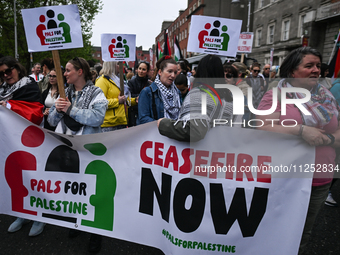 DUBLIN, IRELAND - MAY 18:
Pro-Palestinian activists from the Ireland Palestine Solidarity Campaign, supported by members of left-wing partie...