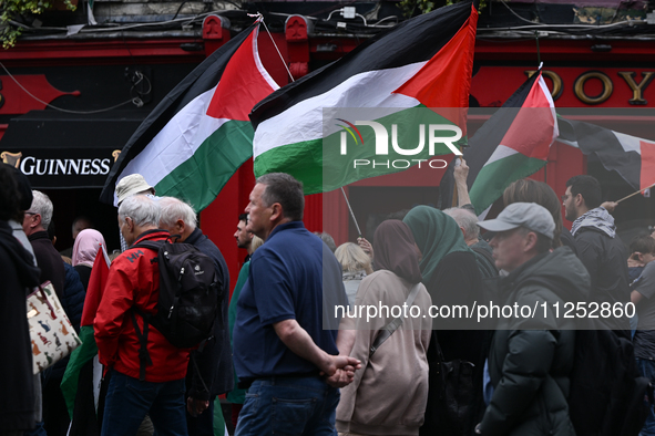 DUBLIN, IRELAND - MAY 18:
Pro-Palestinian activists from the Ireland Palestine Solidarity Campaign, supported by members of left-wing partie...