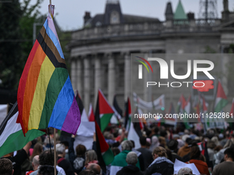 DUBLIN, IRELAND - MAY 18:
Pro-Palestinian activists from the Ireland Palestine Solidarity Campaign, supported by members of left-wing partie...