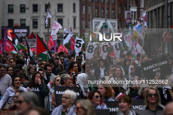 DUBLIN, IRELAND - MAY 18:
Pro-Palestinian activists from the Ireland Palestine Solidarity Campaign, supported by members of left-wing partie...