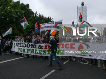 DUBLIN, IRELAND - MAY 18:
Pro-Palestinian activists from the Ireland Palestine Solidarity Campaign, supported by members of left-wing partie...