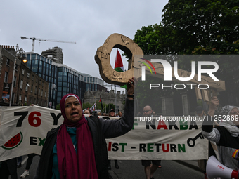 DUBLIN, IRELAND - MAY 18:
Pro-Palestinian activists from the Ireland Palestine Solidarity Campaign, supported by members of left-wing partie...