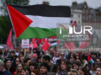 DUBLIN, IRELAND - MAY 18:
Pro-Palestinian activists from the Ireland Palestine Solidarity Campaign, supported by members of left-wing partie...