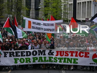 DUBLIN, IRELAND - MAY 18:
Pro-Palestinian activists from the Ireland Palestine Solidarity Campaign, supported by members of left-wing partie...