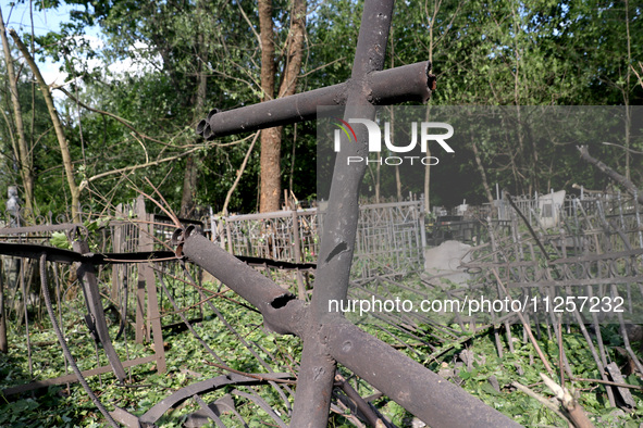 A local cemetery is being damaged by Russian shelling in Kharkiv, Ukraine, on May 19, 2024. NO USE RUSSIA. NO USE BELARUS. 