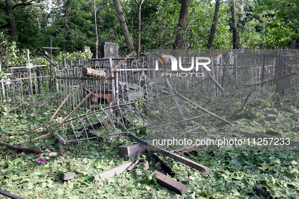 A local cemetery is being damaged by Russian shelling in Kharkiv, Ukraine, on May 19, 2024. NO USE RUSSIA. NO USE BELARUS. 