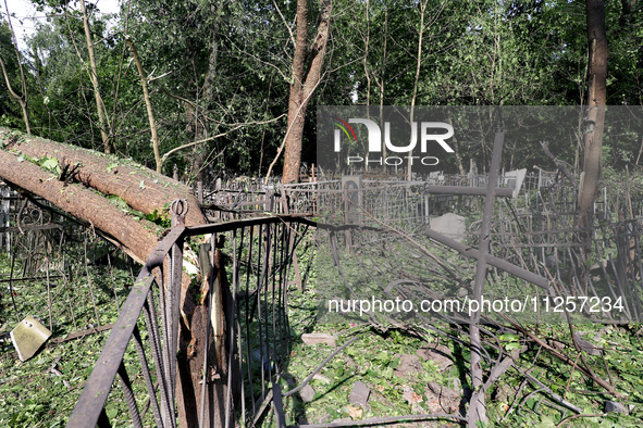 A local cemetery is being damaged by Russian shelling in Kharkiv, Ukraine, on May 19, 2024. NO USE RUSSIA. NO USE BELARUS. 