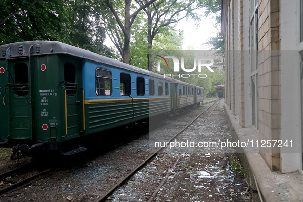 A train at the Junior Southern Railway, a children's railway, is being damaged by Russian shelling in Kharkiv, Ukraine, on May 19, 2024. NO...