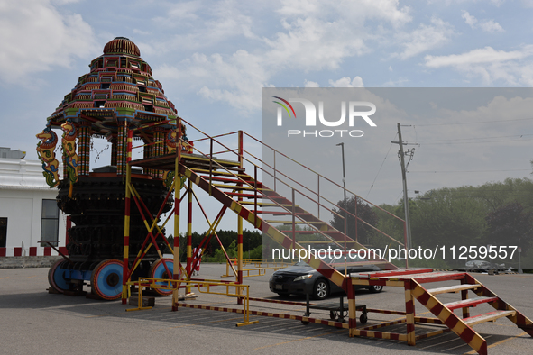 A chariot is standing outside the Ganesh Temple in Richmond Hill, Ontario, Canada, on May 20, 2024. 