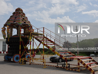 A chariot is standing outside the Ganesh Temple in Richmond Hill, Ontario, Canada, on May 20, 2024. (