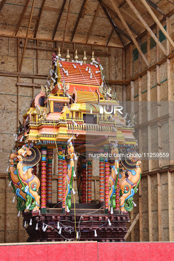 A chariot is standing outside the Ganesh Temple in Richmond Hill, Ontario, Canada, on May 20, 2024. 