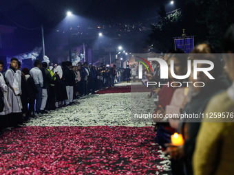 A carpet of sawdust is being seen during the traditional downing of the Virgen de Ocotlan. In this procession, the virgin is visiting differ...