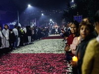 A carpet of sawdust is being seen during the traditional downing of the Virgen de Ocotlan. In this procession, the virgin is visiting differ...