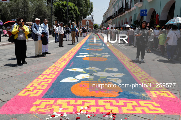 A carpet of sawdust is being seen during the traditional downing of the Virgen de Ocotlan. In this procession, the virgin is visiting differ...