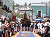 People are carrying the Virgen de Ocotlan while walking on a sawdust carpet during the traditional downing of the Virgen de Ocotlan. In this...