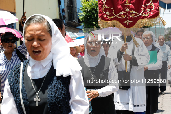 Nuns are taking part in the traditional downing of the Virgen de Ocotlan. In this procession, the virgin is visiting different emblematic pl...