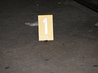 Shell casing recovered at the crime scene and marked by an evidence marker. 24-year-old male Brandon Dubois shot multiple times and killed i...