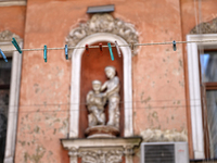 A rope with clothespins is being seen in a courtyard in the historic city center in Odesa, Ukraine, on May 20, 2024. NO USE RUSSIA. NO USE B...