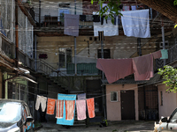 Laundry is drying on ropes in a courtyard in the historic city center in Odesa, Ukraine, on May 20, 2024. NO USE RUSSIA. NO USE BELARUS. (