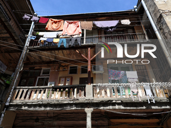 Laundry is drying on ropes in a courtyard in the historic city center in Odesa, Ukraine, on May 20, 2024. NO USE RUSSIA. NO USE BELARUS. (