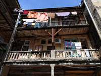 Laundry is drying on ropes in a courtyard in the historic city center in Odesa, Ukraine, on May 20, 2024. NO USE RUSSIA. NO USE BELARUS. (