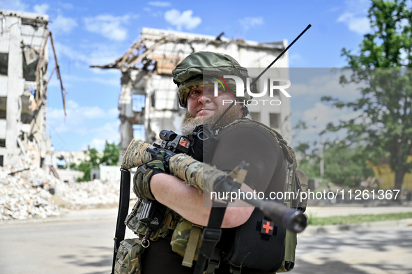 A fighter of the 53rd Battalion of the 141st Separate Infantry Brigade is serving in the Zaporizhzhia region, Ukraine, on May 20, 2024. NO U...