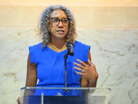 Angela Val, President of Visit Philly, is speaking during an announcement on the Nation's 250th Anniversary programming at the Franklin Inst...