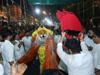 Devotees are participating in the traditional procession 'Narasimha Leela' of Lord Narasimha from Tadkeshwar Mahadev Temple on the eve of Na...