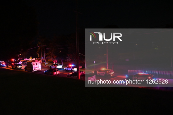 Police are lining the street. One person is wounded in a shooting in Glen Rock, New Jersey, United States, on May 21, 2024. The Bergen Count...