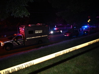 Police tape is blocking the area at the crime scene. One person is wounded in a shooting in Glen Rock, New Jersey, United States, on May 21,...