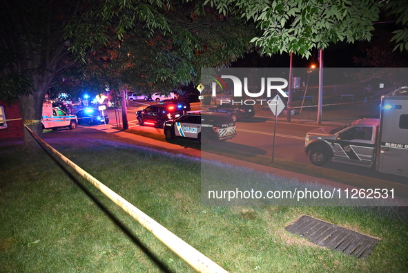 Police are investigating the crime scene. One person is wounded in a shooting in Glen Rock, New Jersey, United States, on May 21, 2024. The...