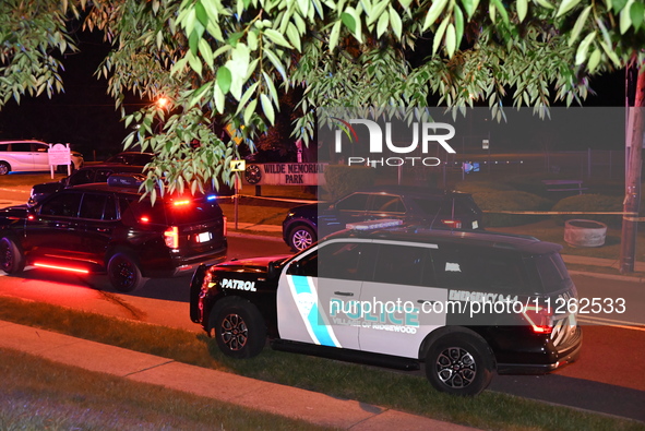 Police vehicles are on the scene. One person is wounded in a shooting in Glen Rock, New Jersey, United States, on May 21, 2024. The Bergen C...