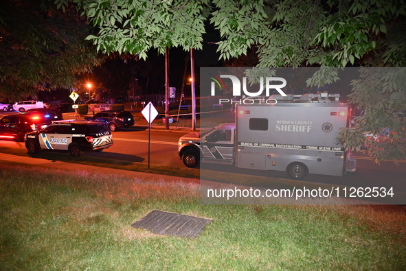 Police are at the crime scene. One person is wounded in a shooting in Glen Rock, New Jersey, United States, on May 21, 2024. The Bergen Coun...