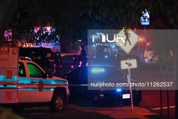 Police are present at the crime scene. One person is wounded in a shooting in Glen Rock, New Jersey, United States, on May 21, 2024. The Ber...