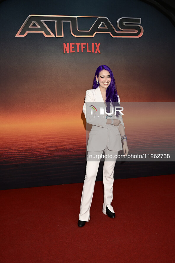 Alejandra Rios is attending the red carpet of the Atlas fan event at Toreo Parque Central in Mexico City, Mexico, on May 21, 2024. 