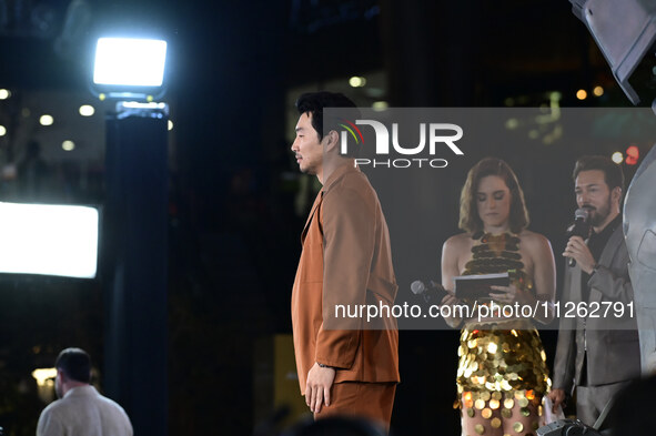 Chinese-Canadian actor Simu Liu is attending the red carpet of the Atlas fan event at Toreo Parque Central in Mexico City, Mexico, on May 21...