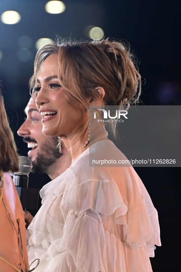 American actress and singer Jennifer Lopez is attending the red carpet of the Atlas fan event at Toreo Parque Central in Mexico City, Mexico...