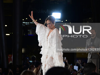 American actress and singer Jennifer Lopez is attending the red carpet of the Atlas fan event at Toreo Parque Central in Mexico City, Mexico...