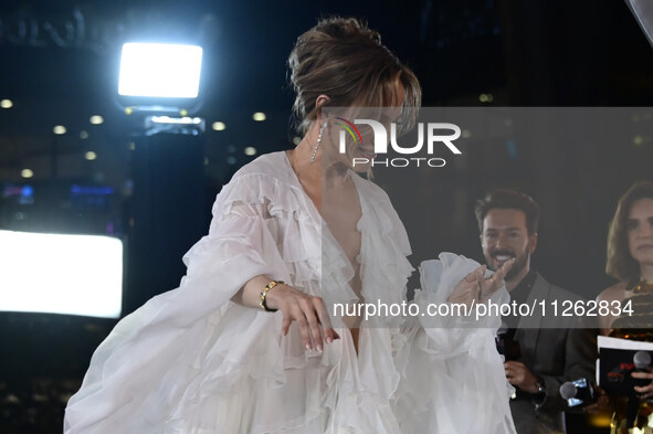 American actress and singer Jennifer Lopez is attending the red carpet of the Atlas fan event at Toreo Parque Central in Mexico City, Mexico...