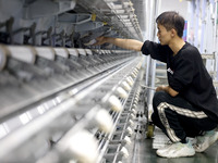 A worker is producing textile chemical fiber products on a production line in Fuzhou, China, on May 22, 2024. (