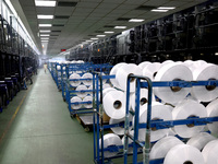 A worker is producing textile chemical fiber products on a production line in Fuzhou, China, on May 22, 2024. (