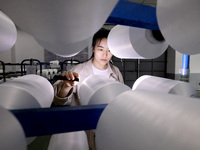 A worker is producing textile chemical fiber products on a production line in Fuzhou, China, on May 22, 2024. (