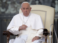 Pope Francis is leading his weekly general audience in Vatican City, on May 22, 2024. (