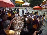 Buddhist monks are releasing doves in the Fang Sen ritual, or releasing animals into nature, as part of a series of worship ahead of Vesak D...