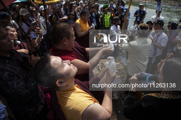 Buddhist monks are releasing doves in the Fang Sen ritual, or releasing animals into nature, as part of a series of worship ahead of Vesak D...