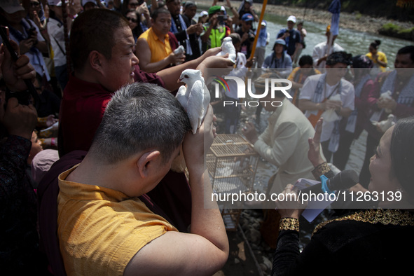 Buddhist monks are releasing doves in the Fang Sen ritual, or releasing animals into nature, as part of a series of worship ahead of Vesak D...