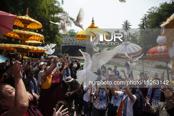 Buddhist monks are releasing doves in the Fang Sen ritual, or releasing animals into nature, as part of a series of worship ahead of Vesak D...