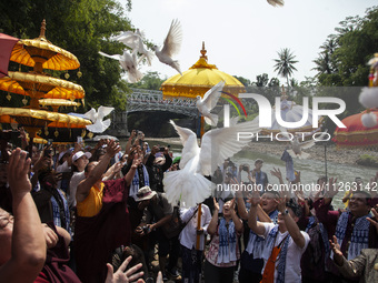 Buddhist monks are releasing doves in the Fang Sen ritual, or releasing animals into nature, as part of a series of worship ahead of Vesak D...