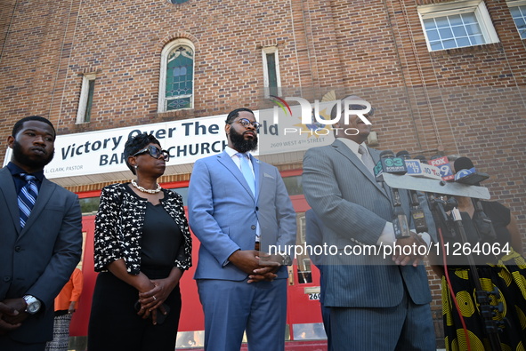 Mayor of Chester, Pennsylvania, Stefan Roots is delivering remarks at a news conference at the mass shooting scene while police are investig...